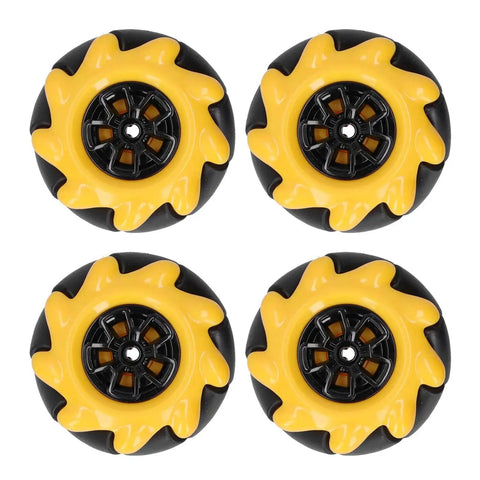 Omnidirectional Mecanum Wheel for DIY Robot Car Kits with 48mm ABS rubber, two pairs shown in yellow and black, compatible with building blocks.