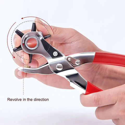 Hands adjusting beefy leather hole puncher workhorse with six punch sizes for belts, easy to use adjustable durable punch tool.