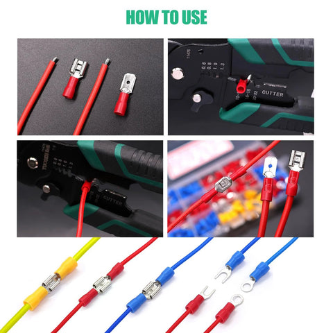 Twidec spade crimp kit by Amazon with 2.8/4.8/6.3 mm insulated male/female terminals, fork/ring ends.
