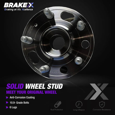 Close-up view of a solid wheel stud with anti-corrosion coating and 6 lugs for rear left wheel bearing 1999-2004 Nissan Frontier HC series.