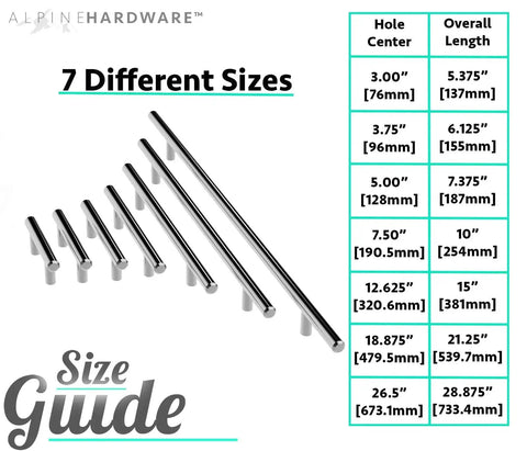 Graphic showing size guide for Premium Solid Stainless Steel Euro Style Bar Pulls, 7 different lengths in polished chrome finish.