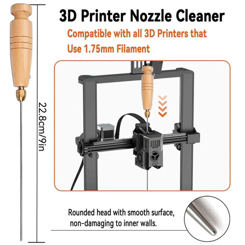 3D Printer Nozzle Cleaner tool with wooden handle and 9-inch reach for 1.75mm filament