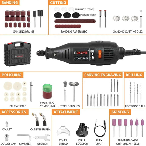 Versatile Rotary Tool Kit With Keyless Chuck And Flex Shaft, 140 Accessories, Variable Speed Electric Drill Set displayed with case and attachments for handmade crafts, DIY projects, and creative creations for DIYers.
