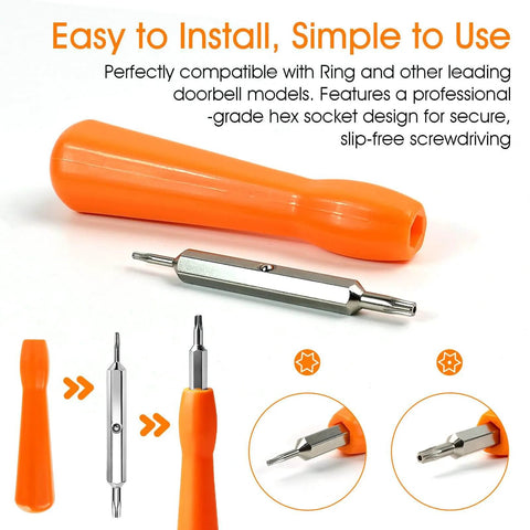 Doorbell Screwdriver Replacement Tool For Camera Double Ended T6 T15 Screwdriver Video Doorbell Setup And Password Reset Includes 20 Replacement Screws Durable S2 Steel Ergonomic Non Slip Grip, shown with orange handle and metal tool.