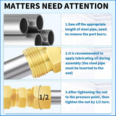 Diagram of steel pipe preparation and brass nut fitting instructions for installation, highlighting cutting, lubricating oil, and securing steps.