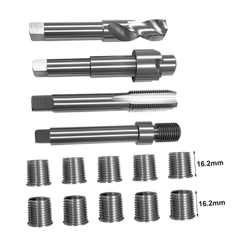 M14x1.5 Thread Repair Kit With 16.2mm Stainless Steel Inserts For Auto Parts shown with drilling and tapping tools visible.
