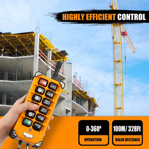 Front view of orange 12-button wireless crane remote control transmitter for hoist, 12V