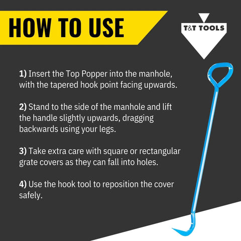 Instructional guide for using Top Popper Manhole Hook With Rotated Handle 2.5-Foot, demonstrating lifting technique and safety tips.