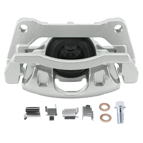 Front-right brake caliper in silver with mounting hardware and copper washers