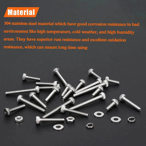 Pro Grade Heavy Duty Hex Socket Head Cap Screws Kit In 304 Stainless Steel, M2.5 Thread, with nuts and washers on display