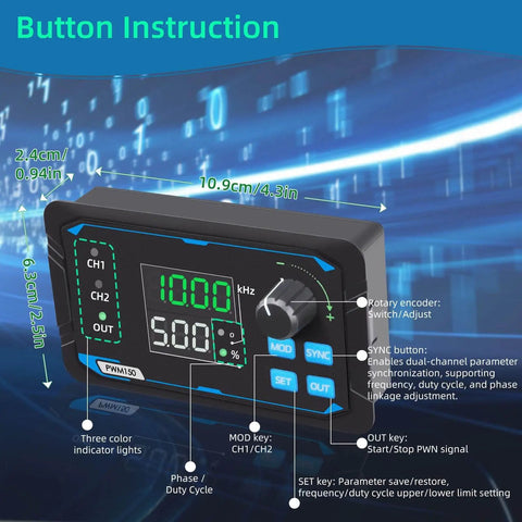Front view of Dual Channel PWM Signal Generator With Independent Display And Pro Grade Preset Storage for Square Wave Pulses.