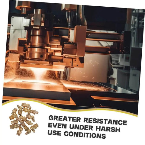 All In One Brass Grease Fittings And Nozzles Kit With Straight And Angled Options For Bearings And Mechanical Equipment Lubrication Easy To Use No Disassembly Required Replacement For Various Applications shown near industrial machinery.