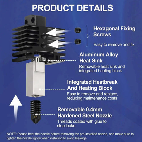 Detail view of 2 Pack Beefed-Up Hotend Kit for P1P P1S 3D Printer Upgrade with Hardened Steel Nozzle 0.4mm and aluminum heat sink.