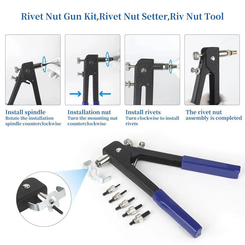 All In One Nutsert Rivet Nut Tool Kit With 500Pcs Metric Nuts M3 M4 M5 M6 M8, showing tool stages with accessories