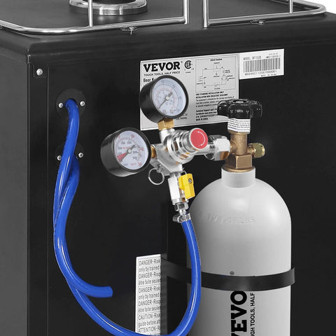 VEVOR CO2 regulator with dual gauges 0-60 PSI and blue hose attached to gas cylinder for draft beer homebrew
