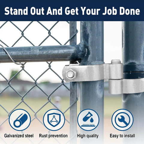 Close-up of zinc-plated steel heavy duty gate hinges for dual size posts one three eighths inch and two three eighths inch