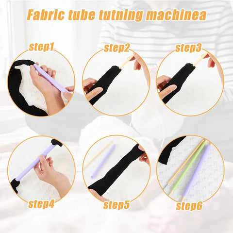 10 Piece Tube Turner Sewing Tool Set For Fabric Turning With Assorted Sizes Three Sixteenths Of An Inch Three Eighths Of An Inch And One Half Inch Cylinders Pro Grade DIY Sewing Tools For Tubes Straps And Precise Edge Turning shown in use in six steps.