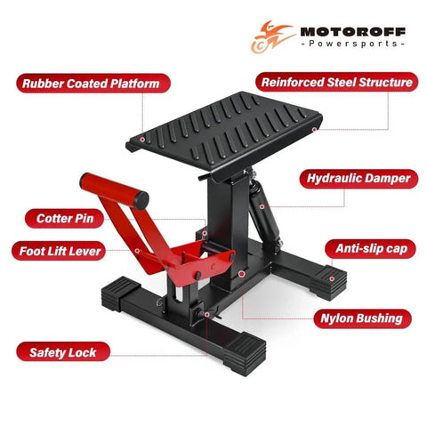 Heavy Duty 1000Lbs Dirt Bike Stand And Powersport Hydraulic Jack with steel construction, shown in assembled view.