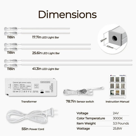 Dimensions of Easy-Install Self-Adhesive Dimmable LED Light Strips Kit For Slat Wall Panels And Wood Walls 6-Piece Set 3000K