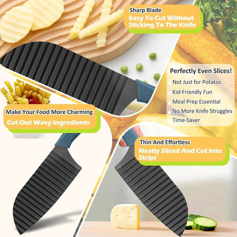 Crinkle Cutter Wavy Slicer For Veggies And Potatoes French Fry Cutter Stainless Steel Potato Slicer Chopper With Fancy Edges For Cucumbers Carrots Zucchini Apples And Onions Kitchen Gadget By JAYVAR displayed with sliced vegetables.