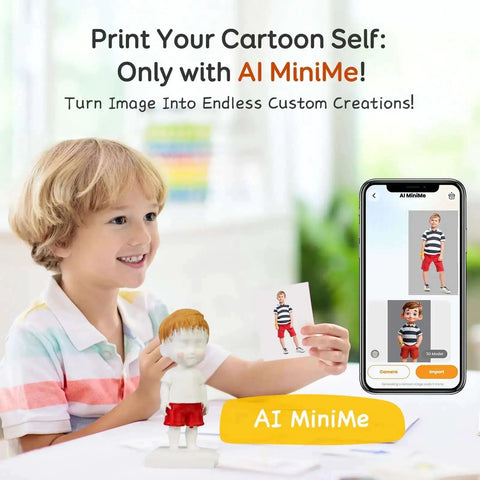 Child playing with AI Powered 3D Printer For Kids With 8 PLA Filament Set And AI Design App Huge Toy Library Fast Print Speeds Up To 400mm Per Second 16 Plus Mini 3D Design Modules App Control X Maker Joy AI, displaying AI MiniMe app on smartphone.