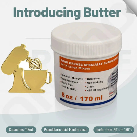 6 oz food-grade grease for KitchenAid stand mixers; white tub with orange label, 170 ml.