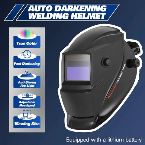 Auto darkening welding helmet with features highlighted: true color, fast darkening, anti-strong arc light, adjustable headband.