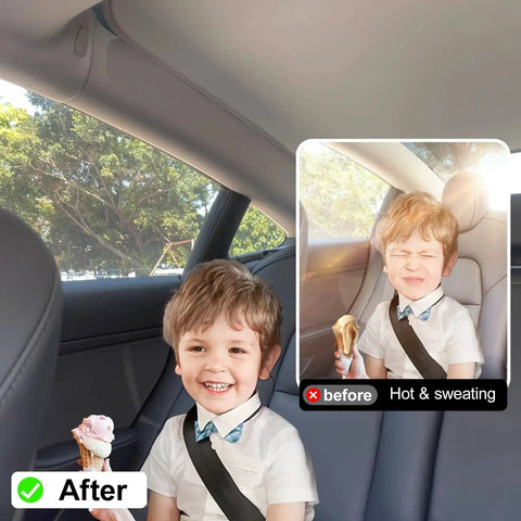Child in Tesla Model 3 enjoying ice cream under Glass Roof Sunshade For Tesla Model 3 2021 2022 2023 UV Shield And Insulation