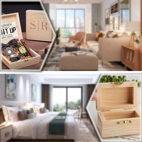 Open wooden gift box with personalized items and Retro Brass Mini Hinges Set For Jewelry Boxes And Wood Crafts, 30 Pcs displayed.