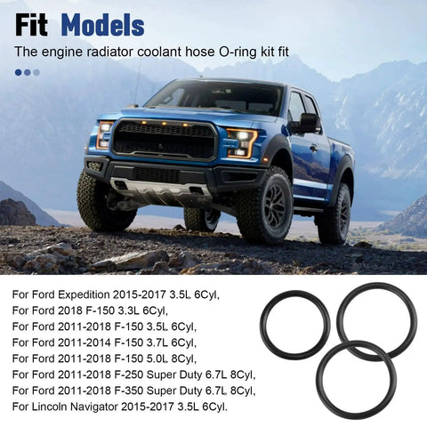 Radiator Hose O Ring Kit With T Pipe Coolant Tee For 5.0L V8 Vehicles 3 Pack compatible with F-150 models shown with O-rings.