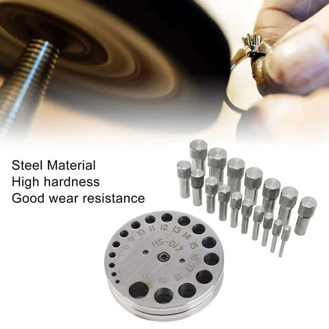 Circle Round Disc Cutter Set 17Pcs Pro Grade Steel Jewelry Making Kit shown with dies and base for metal cutting and forming.
