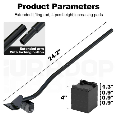 Side view of IURRDOP 24'' black alloy steel furniture lifter with four heightening blocks and a wheeled base