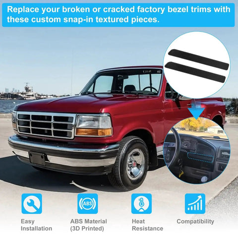 Dash Panel Trim Bezel Inserts 2pc For Ford F150 F250 F350 Bronco 1992 To 1997 shown on a red Ford truck and dashboard close-up.