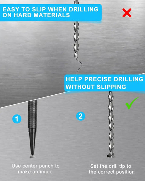 Illustration of a center punch helping precise drilling, with text highlighting benefits for the 4-Piece Nail Punch And Center Punch Set With Hardened Cr-V Steel And Non-Slip Knurled Grips Includes 1/32, 1/16, 3/32 Nail Setters And 1/8 Center Punch For Metal And Woodworking Black.