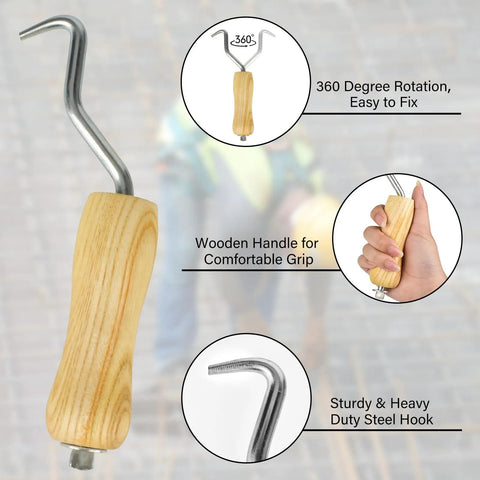 360-degree rotating steel hook with wooden handle for comfortable grip, suitable for concrete work and DIY projects.