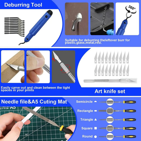135 Piece 3D Printer Tools And Accessories Kit With Tool Box Includes Nozzle Cleaning Kit Electric Polishing Deburring Sanding Pens Tweezers Pliers Electric Screwdriver Ruler And More For Makers And 3D Printing Enthusiasts showing deburring tool, art knife set, and needle file with cutting mat.