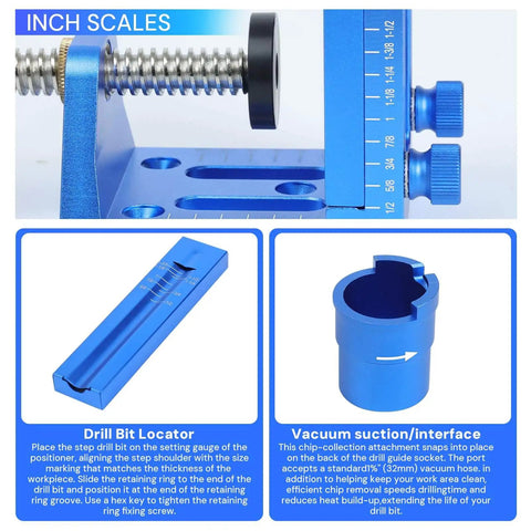 Close-up of Pocket Hole Jig Kit With Adjustable Drill Guide and Stop Collars, shown with inch scales and vacuum connector.