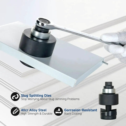 Heavy Duty Manual Ratchet Knockout Hole Punch Kit with dies and wrench, showing slug splitting on metal panel.
