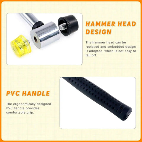 Close-up of hammer with interchangeable head and PVC handle, part of One Quarter Inch Black Grommet And Eyelet Kit With 200 Sets.