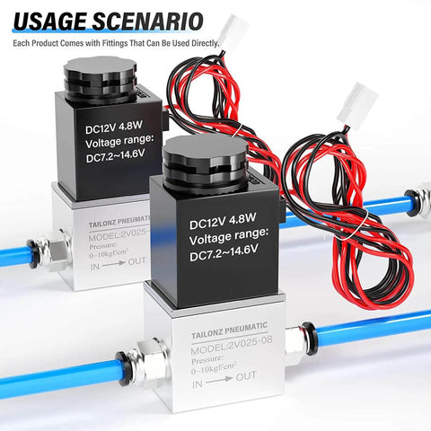 Two 12V DC One Quarter Inch NPT Solenoid Air Valves, 2 Way Normally Closed, 2V025-08 Outlet Wire, shown with fittings