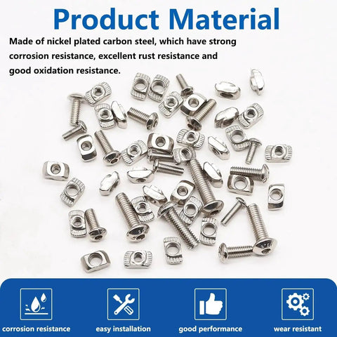 260Pcs M3 M4 M5 T Slot Nuts and Button Head Screws Kit for 2020 Aluminum Extrusion Profile Nickel Plated Carbon Steel Hammer Head Fasteners Easy Install Heavy Duty DIY Hardware displayed on surface.