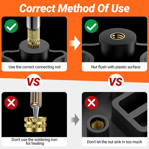 Guide showing correct and incorrect methods for using Heat Set Insert Tip Set With Soldering Iron 60W Includes Six Heat Set Tips.