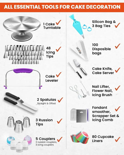 All In One Aluminum Cake Decorating Kit With 12 Inch Rotating Turntable 250 Piece Baking Tools Set Including 48 Icing Tips 3 Russian Piping Nozzles 11 Inch Straight And Angled Spatulas Cake Knife Leveler And Server image containing turntable, icing tips, spatulas, leveler, piping nozzles, scrapers, and cupcake liners.