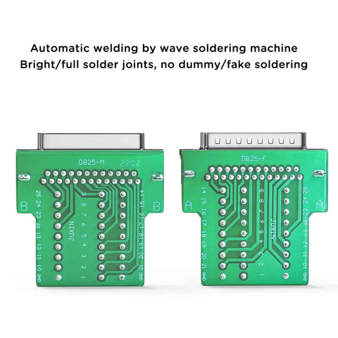 Back view of green circuit boards for No Soldering Needed DB25 Male And Female Serial Adapters Kit For DIY RS232 D Sub 25 Pin Cabling