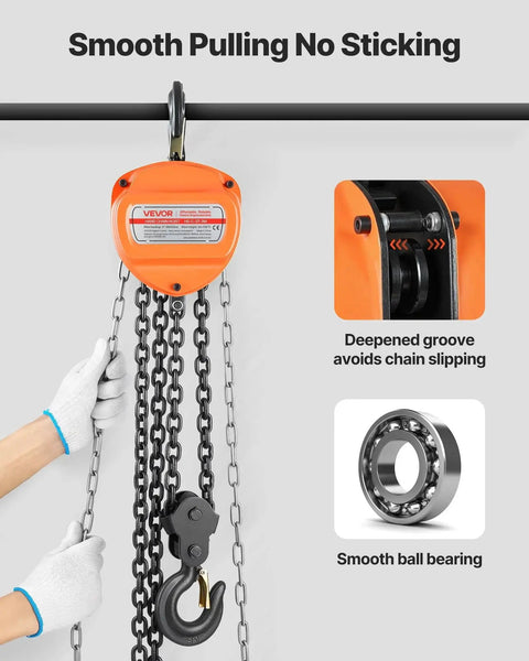 3 Ton Hand Chain Hoist With 6600 Lbs Capacity And 10 Ft Lift Height Heavy Duty, shown with hands operating chain pulley, orange casing.