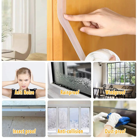 33.5 Ft Weather Stripping Door Seal Strip With Self Adhesive Silicone Tape shown installed on door, demonstrating weatherproof and noise-reducing benefits.