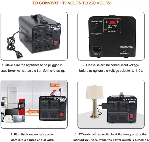 Product steps and images for using Voltage Transformer Converter 2000 Watt Step Up And Step Down Power Adapter From 110 To 120V To 220 To 240V And Back With 2 US Outlets And 2 Universal Outlets Beefy Heavy Duty Regulator For Home And Travel.