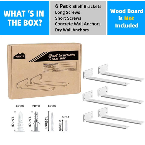 Box and contents of Six Inch Floating Shelf Brackets White 90 Degree Hidden L Shaped Heavy Duty Iron Hardware Includes Screws and Anchors.