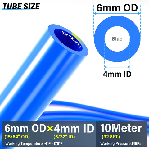 Air hose, blue polyurethane, 6mm OD x 4mm ID, 10 m length