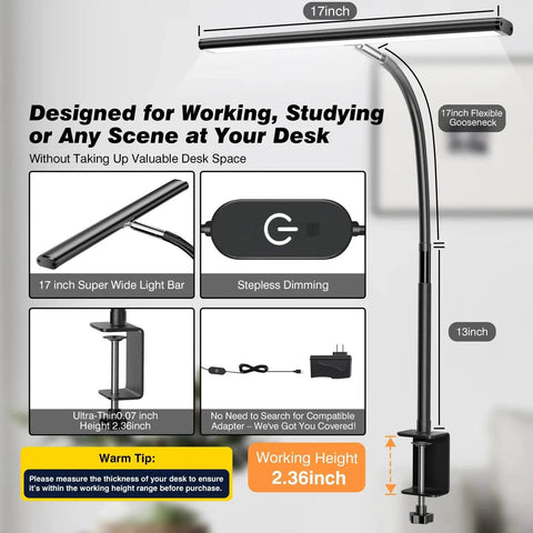 Dimmable LED Desk Lamp With Flexible Gooseneck And Clamp For Office And Home, showing 17-inch light bar and clamp attachment.